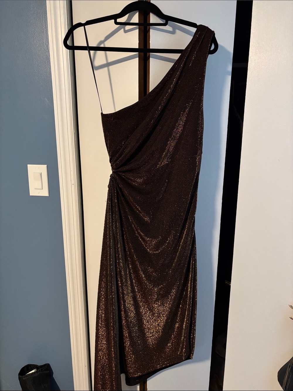 One-Shoulder Sparkle Evening Dress in Dark Brown with peep whole side gorgeous